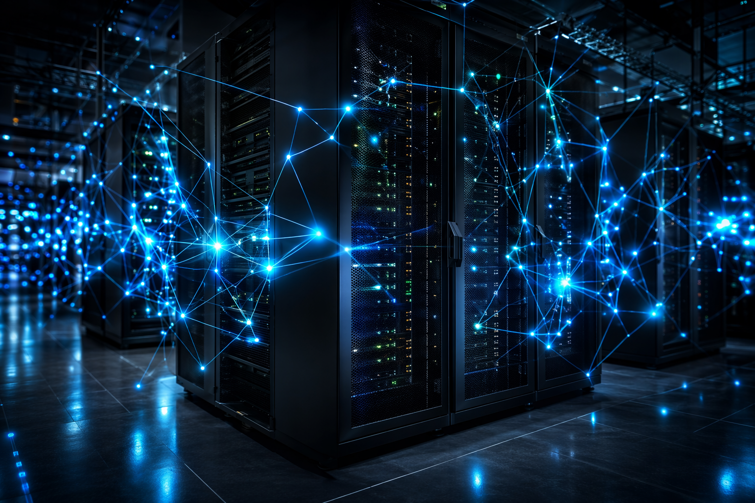 AI augmentation overlaying industrial server infrastructure
